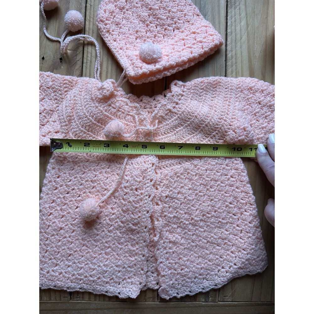 Vintage Baby Pink/Peach Knitted / Crocheted Sweater Hat And Blanket Set - Picture 7 of 12